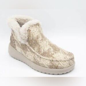 Hey DUDE 8 Denny Cream Tan Gold Metallic Slip On Faux Fur Tweed Booties